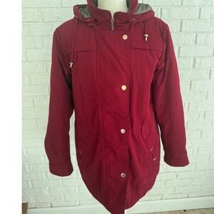 Gallery New York Parka Jacket Womens Medium Red Excellent Hooded Quilted Lining